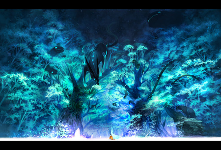 Anime Forest - anime, blue, original, beautiful, fantesy, beauty, forest, cool, animal, awesome, jimu kaji