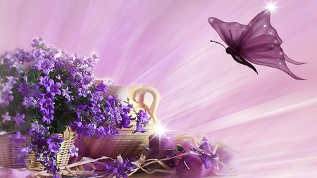 Violets and Pink - pitcher, abstract, star, violets, summer, candle, spring, flame, persona, flowers, butterfly, candles