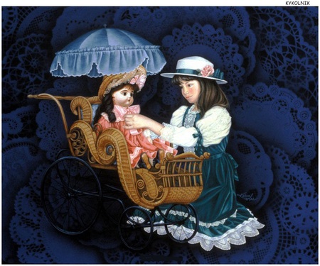 Going For A Stroll - hat, umbrella, painting, dress, girl, ride, buggy, doll