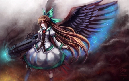 Reiuji Utuho - cute, bryanth, beautiful, hot, gun, anime girl, badass, wings, bow, weapon, touhou, cool, beauty, awesome, brown hair, sexy, cape