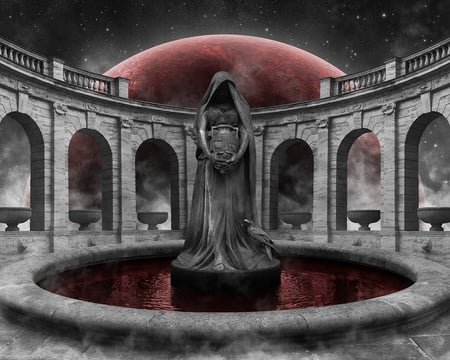 Gothic Fountain~Blood Moon - blood, moon, fountain, gothic, statue