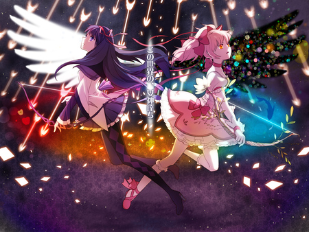 Mahou Shoujo Madoka Magica - akemi homura, beauty, anime girls, kaname madoka, sexy, hot, thigh highs, pink hair, wings, purple hair, beautiful, arrows, cute, dress