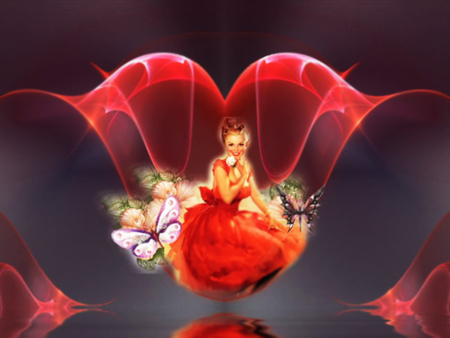 Fantasy in red - girl, fantasy, red, butterflies