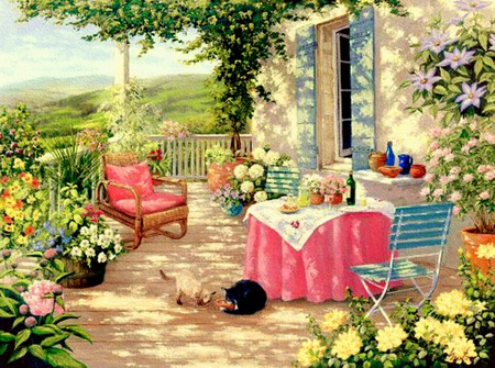 Touch Of Pink - veranda, house, pink tablecloth, hills, vines, chairs, table, pink chair, flowers, patio, cats