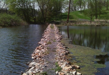 Wetlands Bridge - algae, water, reflection, stones, bridge