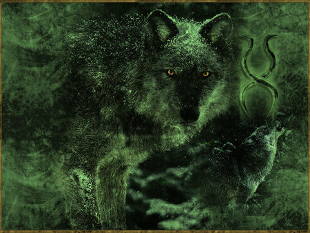 Requiem of wolves - wolves, abstract, green, requiem, fantasy