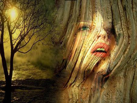 Amintirea ei... - abstract, beautiful, eyes, tree, memories, copac, fantasy, green, woman, femeie, ochi verzi