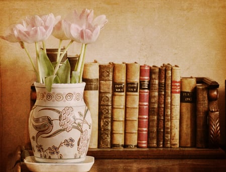 tulips & books - vase, tulips, regal, books, pink, still life