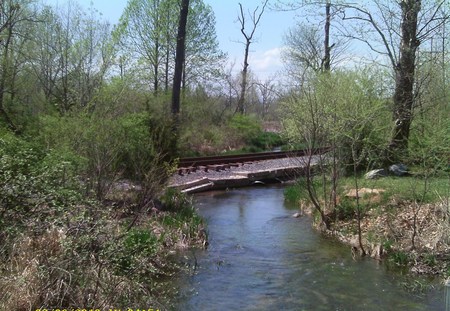 Train tracks - stream, grass, trees, train tracks