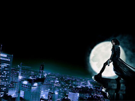 Death Dealer - moon, movie, kate beckinsale, underworld, night, boots, buildings, black hair, trench coat, full moon, weapon, city, movies, guns