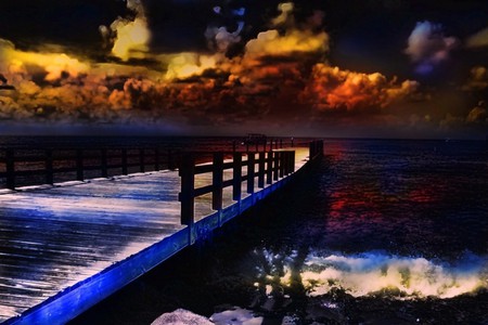 THE PIER - sky, ocean, pier, clouds, colorful, sunset, stormy, waves