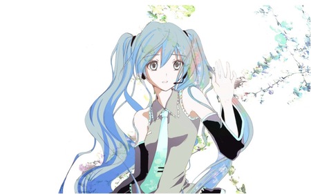 Hatsune Miku - aqua, headset, music, anime girl, white, art, cool, petals, aqua eyes, artistic, hatsune miku, skirt, song, vocaloids, program, vocaloid, beautiful, uniform, diva, nice, beauty, twintail, singer, aqua hair, black, virtual, pretty, idol, anime, miku, cute, girl, cg, hatsune, microphone, headphones, blue, tie, flowers, digital, awesome