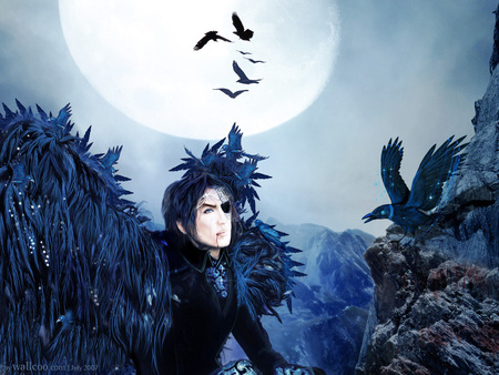 The Perfidy - moon, blue, perfidy, photo, dark, cg, fantasy, crow, painting, hd