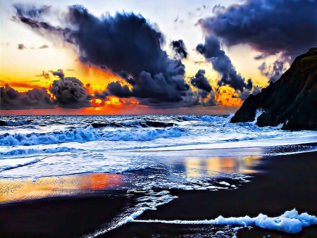 Incredibly Beautiful - clouds, water, blue, beach, sea, dark, colorful, sunset, cloud, golden