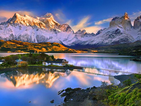 A Little Bit Of Paradise - nature, lake, mountain, snow, island, water, house, bridge