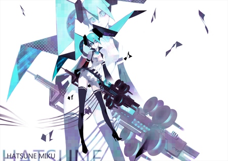 Hatsune Miku - aqua, hot, music, anime girl, white, art, cool, aqua eyes, artistic, hatsune miku, sexy, song, teal, vocaloids, program, vocaloid, beautiful, uniform, diva, nice, beauty, twintail, singer, aqua hair, black, virtual, pretty, idol, anime, miku, cute, girl, hammer, cg, hatsune, blue, weapon, digital, awesome, outfit