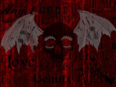 Flying Skull - skull, love, hate, wings, prints, black, red, hand, words