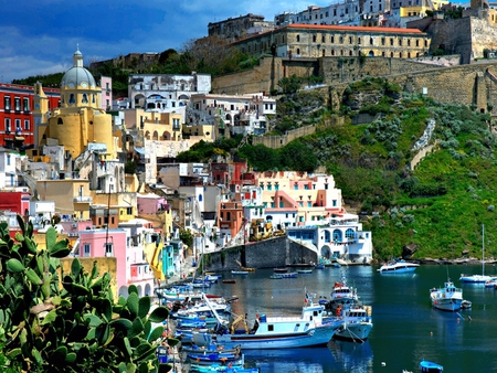 Beautiful View - hills, summer, town, boat, italia, grass, harbour, sailboats, church, sailing, view, port, houses, sky, clouds, house, trees, beautiful, sea, beauty, colors, lovely, architecture, buildings, boats, colorful, nature, green, sailboat, italy, peaceful, building