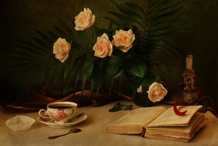 still life - nice, roses, photography, candles, bouquet, rose, still life, book, pretty, cool, pot, harmony, drink, coffee, lovely, cup, beautiful, flowers, photo, candlestick, elegantly, flower