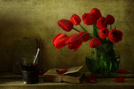 still life - pretty, elegantly, books, spring, photo, flowers, red, old, nice, vase, beautiful, photography, tea, lovely, cool, still life, flower, petals, tulip, bouquet, drink, harmony, tulips, cup