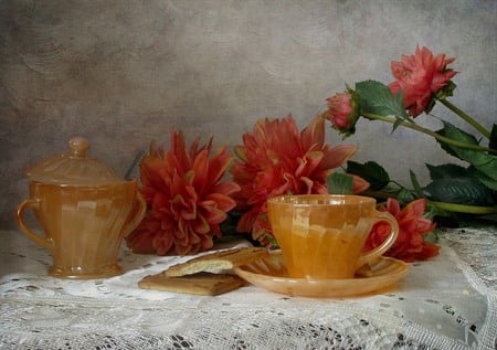 still life - pretty, elegantly, photo, gentle, flowers, nice, beautiful, coffee, photography, tea, lovely, cool, still life, flower, bouquet, drink, harmony, cup, biscuit