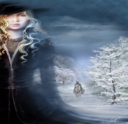 Follow me - abstract, fantasy, winter, woman, forest, man, horse, wallpaper