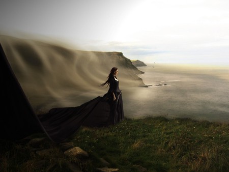 SEASIDE - seaside, windy, beach, ocean, female, sand