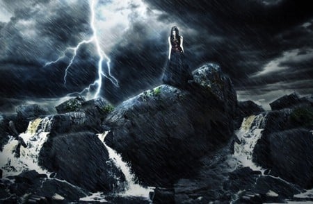 STORM - sky, female, clouds, rain, lightning, rocks, storm