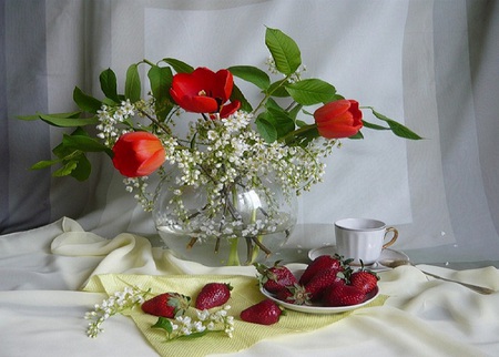 With love - spoon, silk, tulips, water, fruit, lillies, cup, vase, strawberries, petals, beautiful, flowers