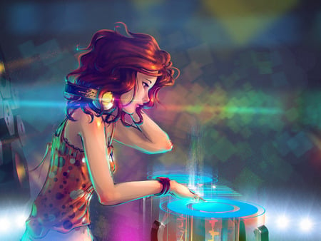 miss DJ - redhead, girl, music, colorful, pretty, anime, party, dj, hedphones