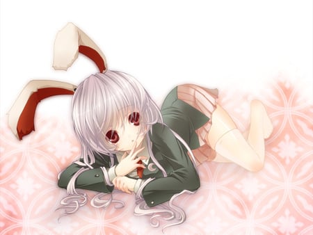 miss bunny - anime, kawaii, girl, white hair, red eyes, top, flowers, school uniform, lieing down, shirt, cute, bunny ears