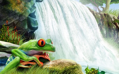 FROG BY THE FALLS - waterfall, red, eyed, tree, frog