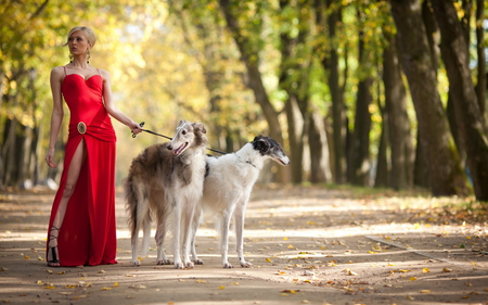 In red - female, woman, beautiful, red, girl, dog