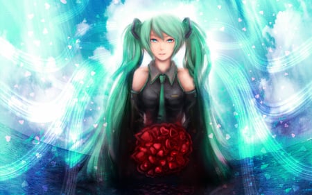 Hatsune Miku - pretty, anime, vocaloid, beautiful, twintail, girl, red roses, beauty, hatsune miku, green hair, cool, miku, bouquet of roses, hatsune, headset, sexy