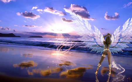 angel on the beach - sand, fantasy, beautiful, beach, ocean, angel