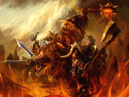 warrior wars - flames, fighting, anstract, colorful, warriors, orange, fire, fantasy