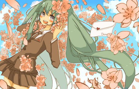 Hatsune Miku - piggy tails, blue, pony tails, letter, hatsune miku, pink, peach, flowers, miku, hatsune, sky