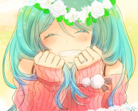 Super Happy Miku - vocaloid, yellow, blue, pony tails, browm, pink, happy, flowers, pompoms, smile, white, miku