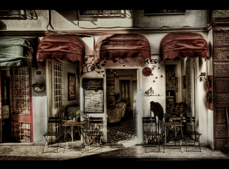 cafe - beauty, building, photography, eatery, unique, chairs, man made, awnings, pretty, unusual, doors, cafe, hdr