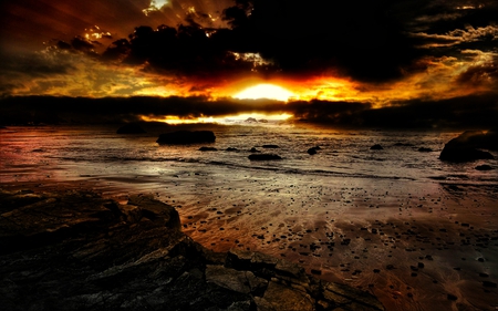 amazing sunset - beauty, ocean, beach, sky, photography, sun, water, sunset, rocks, bright, nature, dark, clouds, sand