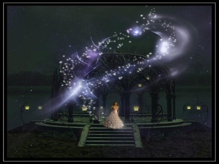 STAR GAZEBO - stars, female, lantern, night, gazebo, dress