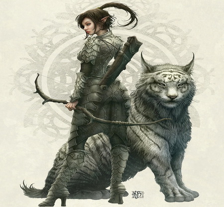 Elf Warrior - elf, abstract, fantasy, warrior, girl, tiger