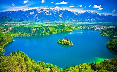 bled casle - lake, mountain, cloud, castle