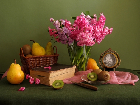 Still Life - pretty, romantic, book, romance, pink, flowers, pink flowers, fruits, pears, kiwi, vase, hyacinths, beautiful, photography, beauty, colors, lovely, still life, petals, basket, colorful, nature, knife, picture, hyacinth