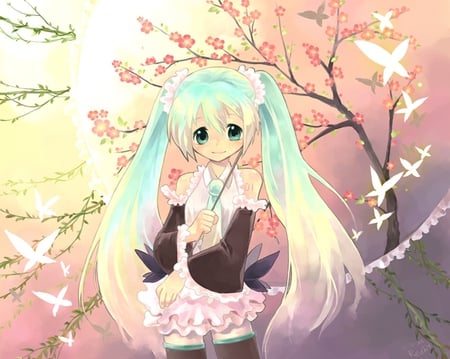 Hatsune Miku - aqua, sun, thighhighs, music, sunset, anime girl, white, art, cool, petals, aqua eyes, artistic, hatsune miku, song, vocaloids, program, sakura, vocaloid, pink, beautiful, blush, diva, dress, beauty, nice, sunshine, twintail, singer, aqua hair, black, virtual, pretty, idol, sakura petals, anime, miku, cute, sunlight, girl, cg, hatsune, awesome, digital, outfit