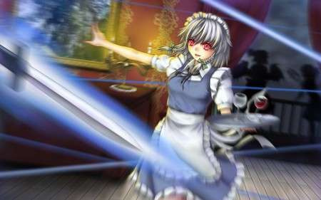 Touhou -Sakuya - knife, sakuya, flandere, blue, mansion, blurry, maid, remilia, powers