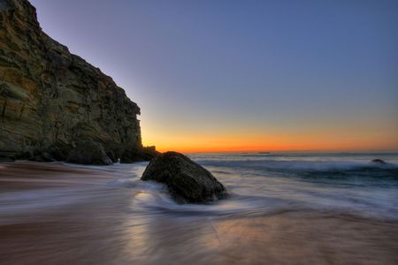 Sunset-HDR - nice, beach, sky, photography, water, sunset, rocks, cool, pretty, romance, hdr, sand, ocean, lovely, waves, beautiful, sea