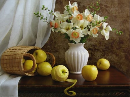 still life - nice, photography, daffodils, bouquet, basket, still life, pretty, cool, gently, apple, old, harmony, lovely, vase, fruit, beautiful, flowers, photo, elegantly, flower