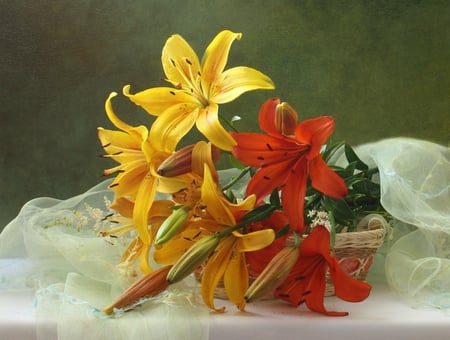 still life - nice, photography, bouquet, basket, still life, yellow, cool, pretty, orange, gently, harmony, lilies, lovely, beautiful, flowers, photo, flower, elegantly