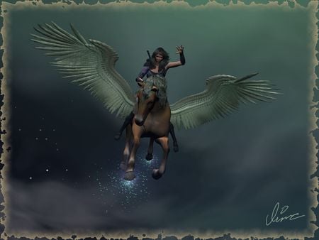 Sky Rodeo - sky, winged, horse, lady warrior, rodeo, fantasy